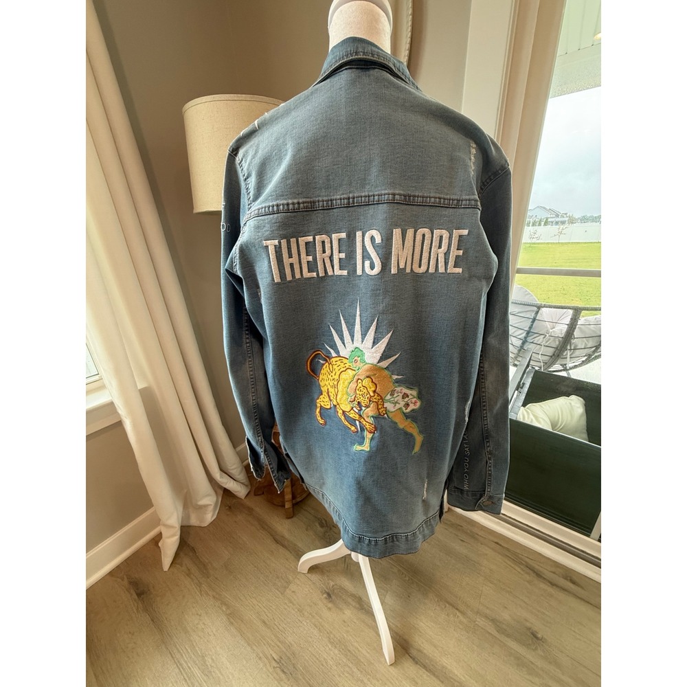 Hillsong There Is More Distressed Denim Jacket Lion Lamb Embroidery Blue Medium